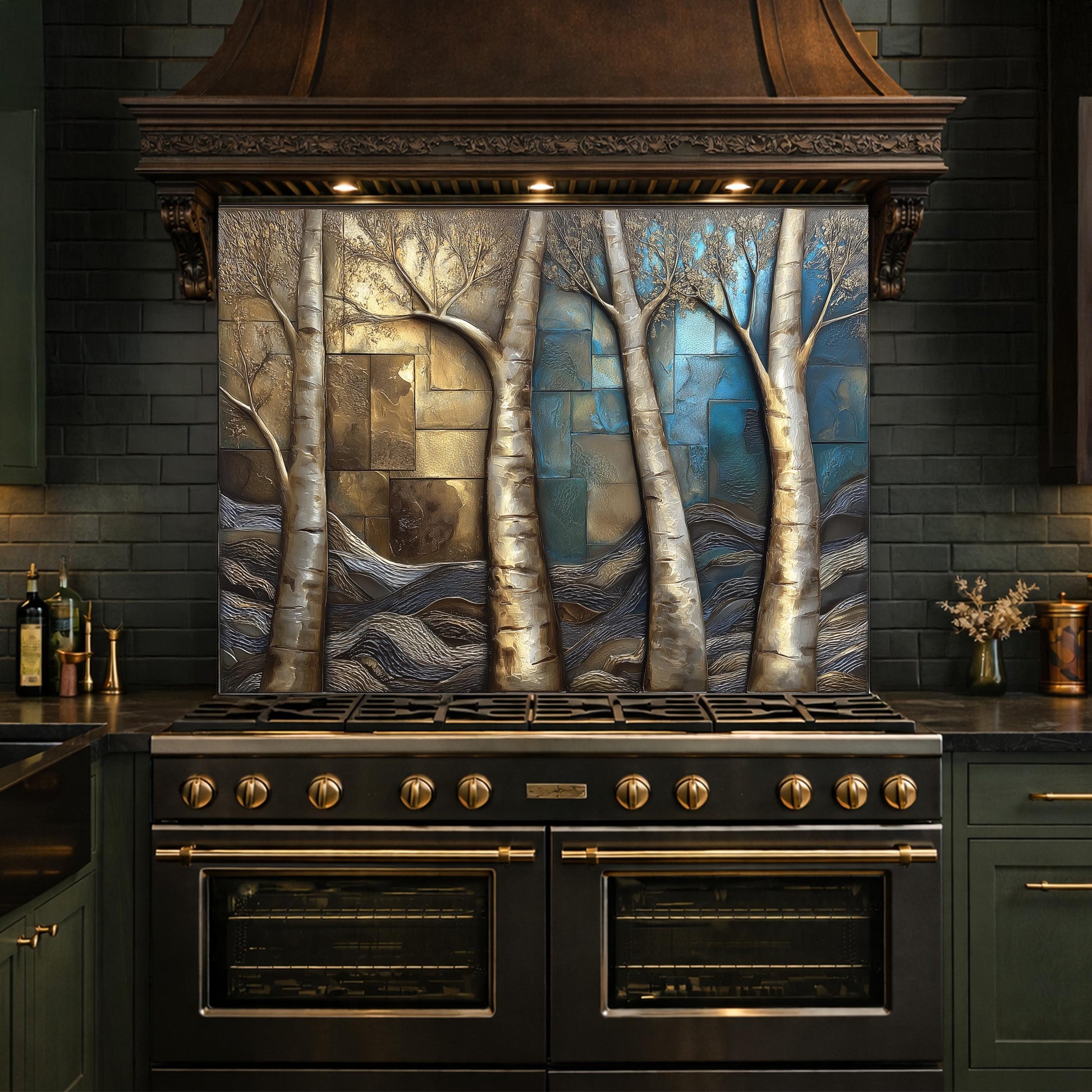 Birch Tree Kitchen Panel, Tempered Glass Mosaic Splashback, Rustic Forest Nature Art