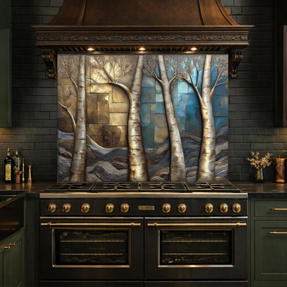 Birch Tree Kitchen Panel, Tempered Glass Mosaic Splashback, Rustic Forest Nature Art