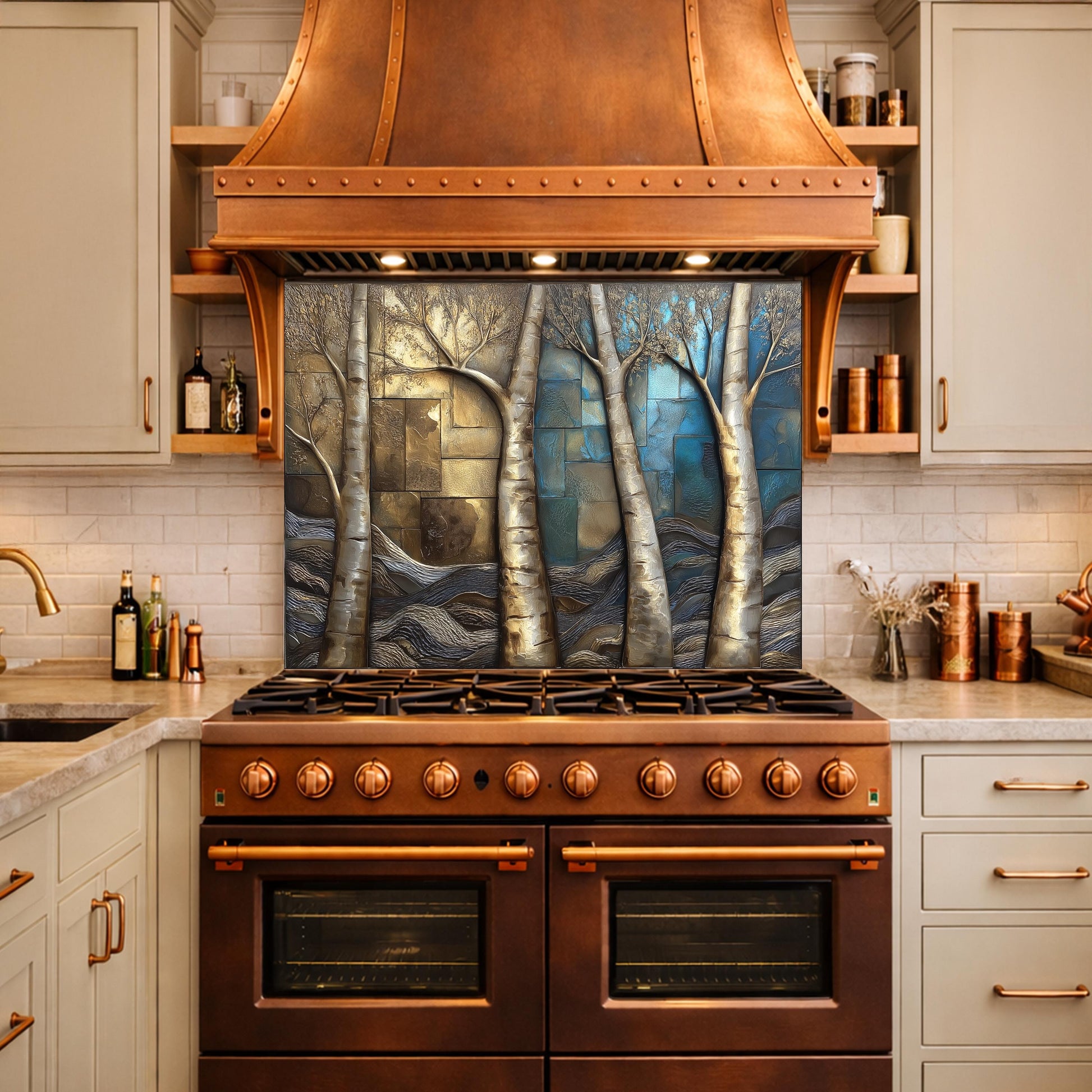 Birch Tree Kitchen Panel, Tempered Glass Mosaic Splashback, Rustic Forest Nature Art