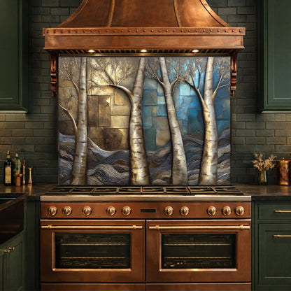 Birch Tree Kitchen Panel, Tempered Glass Mosaic Splashback, Rustic Forest Nature Art