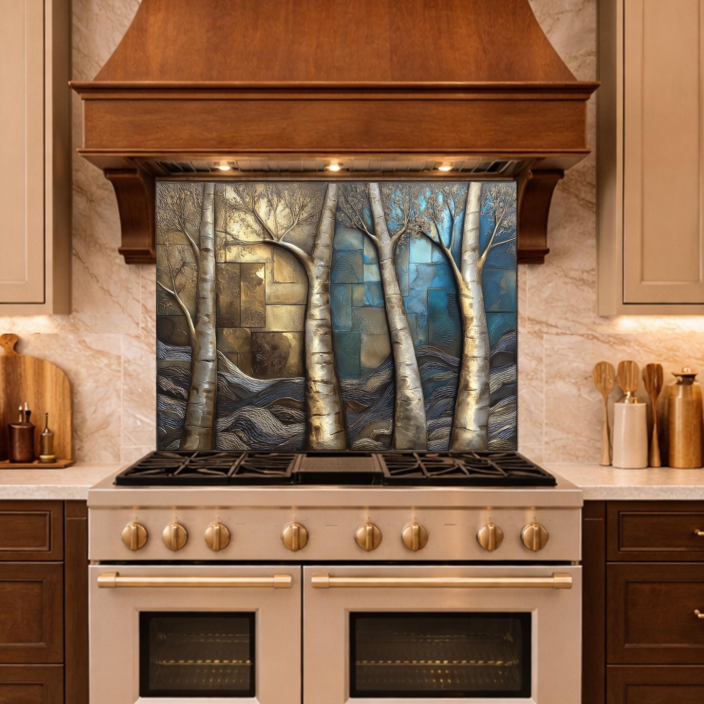 Birch Tree Kitchen Panel, Tempered Glass Mosaic Splashback, Rustic Forest Nature Art