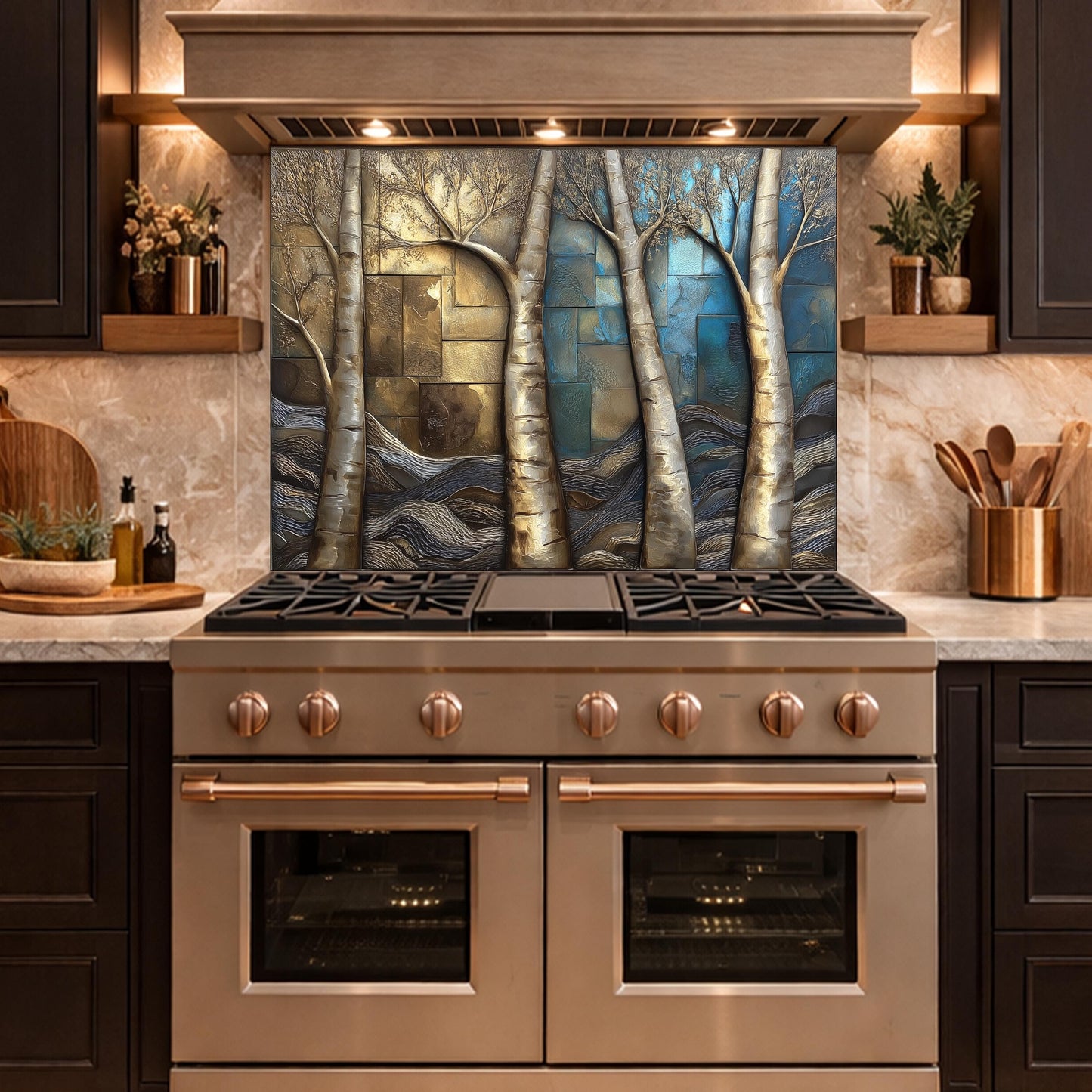 Birch Tree Kitchen Panel, Tempered Glass Mosaic Splashback, Rustic Forest Nature Art