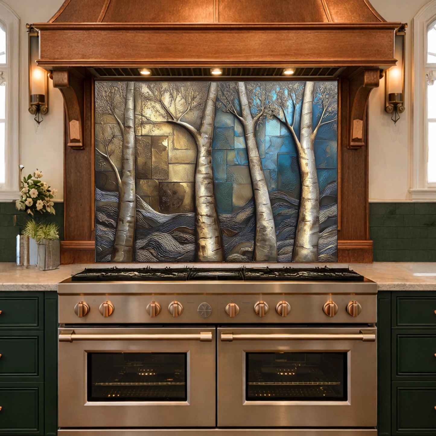 Birch Tree Kitchen Panel, Tempered Glass Mosaic Splashback, Rustic Forest Nature Art