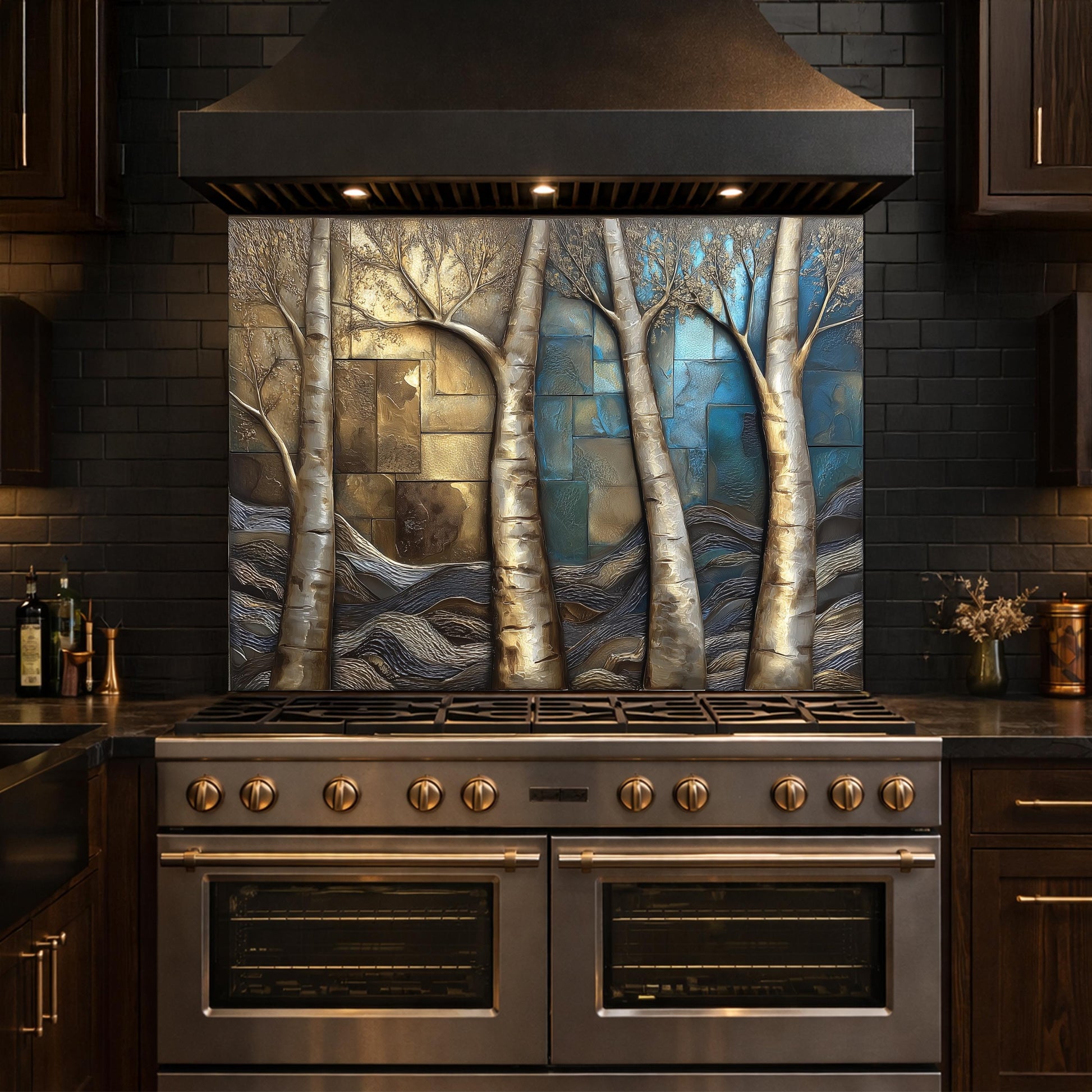 Birch Tree Kitchen Panel, Tempered Glass Mosaic Splashback, Rustic Forest Nature Art