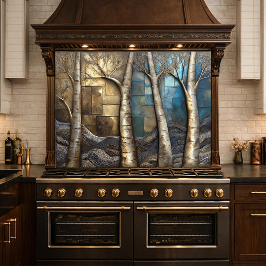 Birch Tree Kitchen Panel, Tempered Glass Mosaic Splashback, Rustic Forest Nature Art