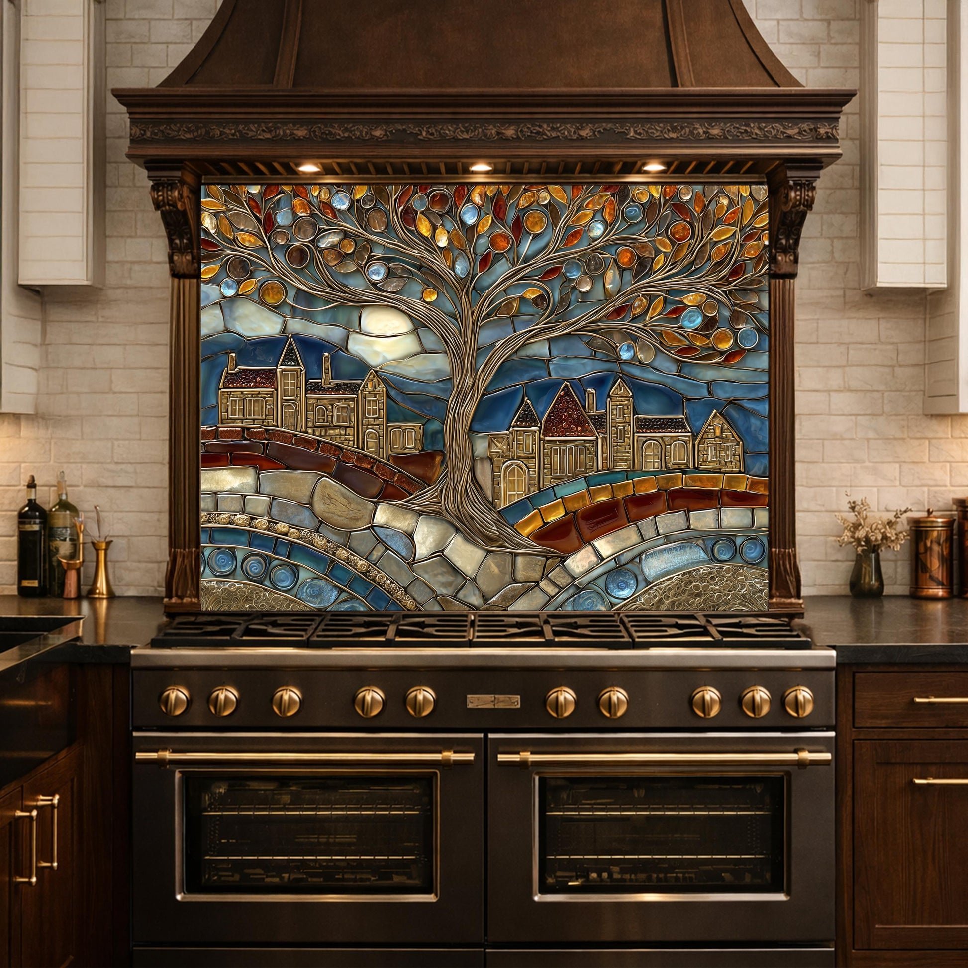 Tempered Glass Tree of Life Backsplash, Stained Mosaic Kitchen Wall Art