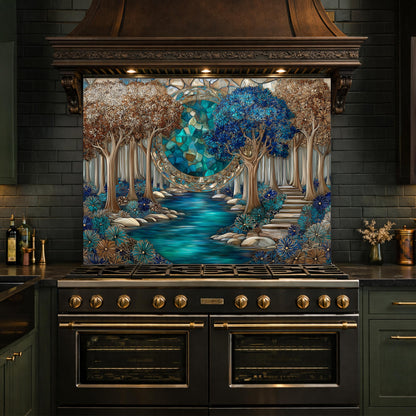 Tempered Glass Kitchen Panel, Forest River Mosaic Splashback, Blue Floral Nature Art