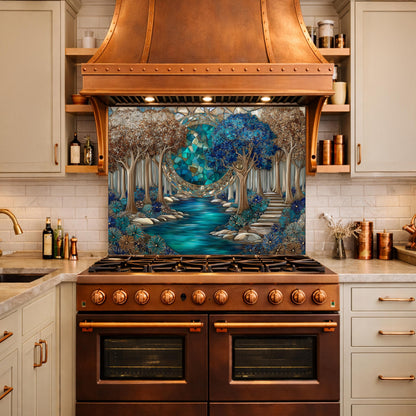 Tempered Glass Kitchen Panel, Forest River Mosaic Splashback, Blue Floral Nature Art