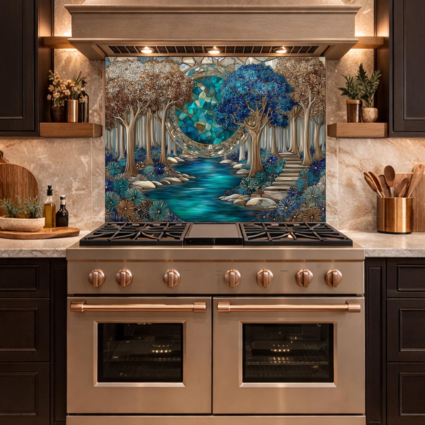 Tempered Glass Kitchen Panel, Forest River Mosaic Splashback, Blue Floral Nature Art