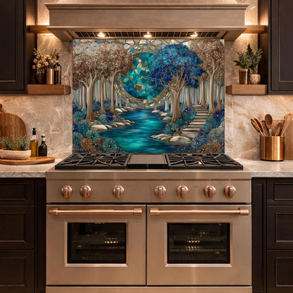 Tempered Glass Kitchen Panel, Forest River Mosaic Splashback, Blue Floral Nature Art
