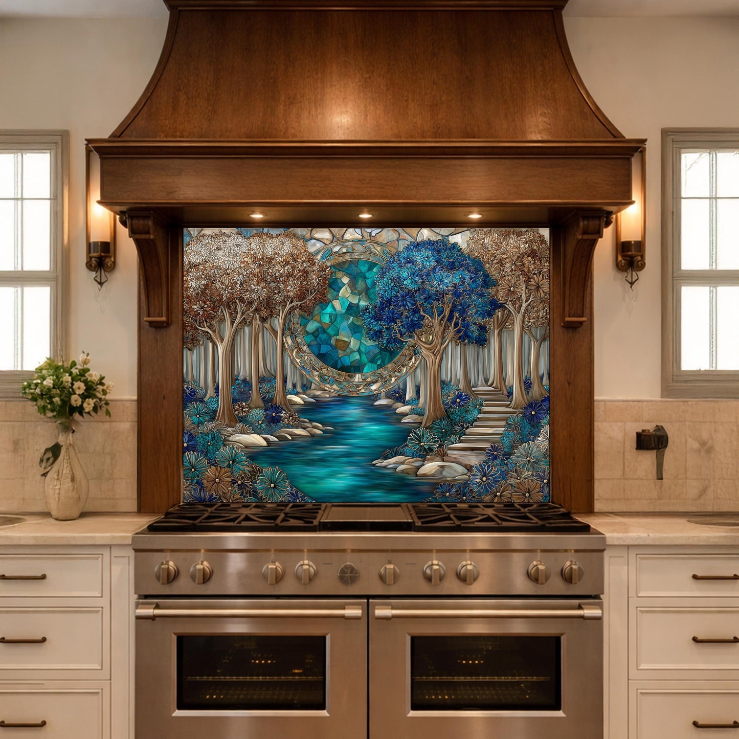 Tempered Glass Kitchen Panel, Forest River Mosaic Splashback, Blue Floral Nature Art