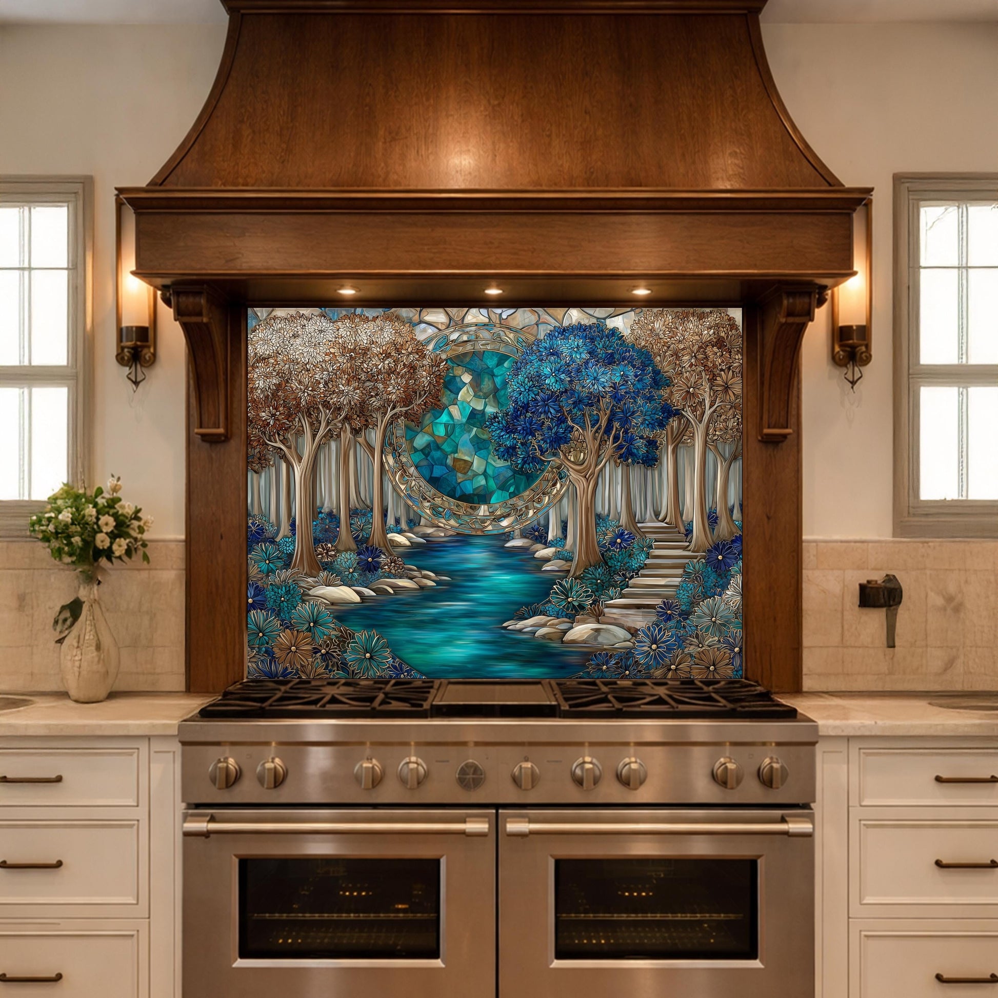 Tempered Glass Kitchen Panel, Forest River Mosaic Splashback, Blue Floral Nature Art