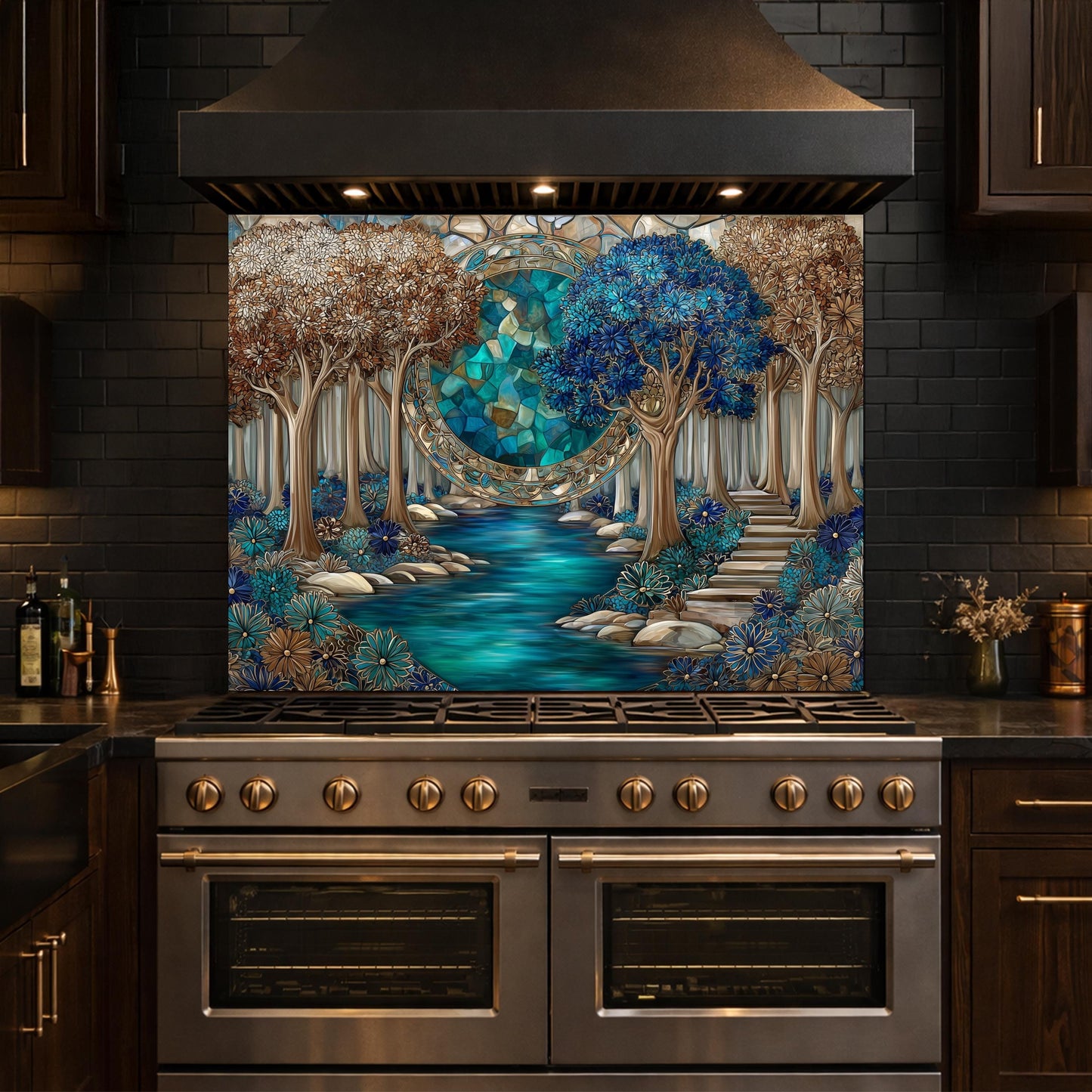Tempered Glass Kitchen Panel, Forest River Mosaic Splashback, Blue Floral Nature Art
