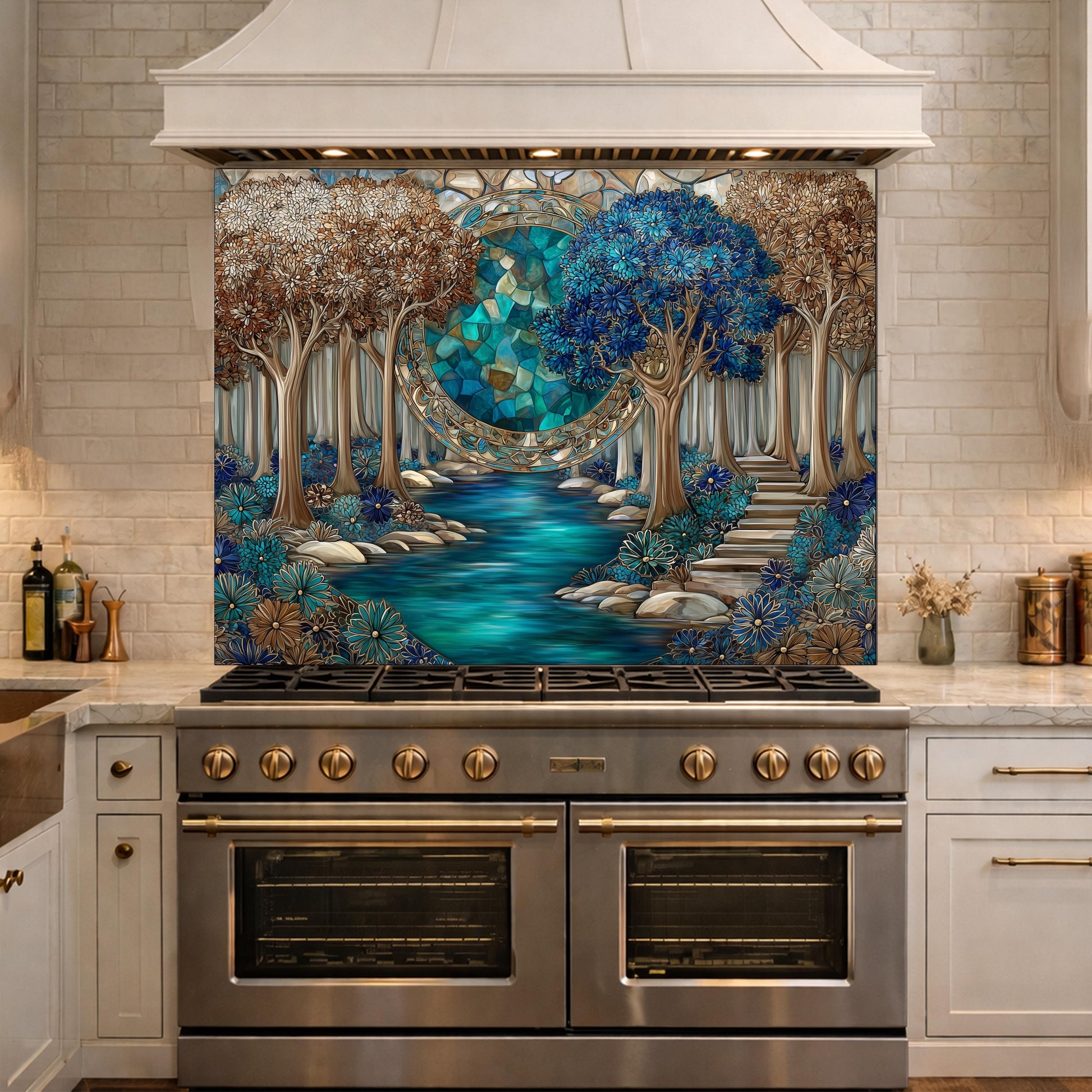 Tempered Glass Kitchen Panel, Forest River Mosaic Splashback, Blue Floral Nature Art