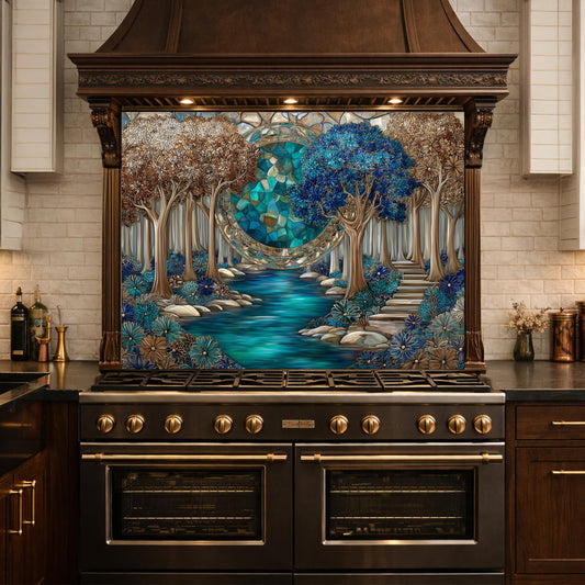 Tempered Glass Kitchen Panel, Forest River Mosaic Splashback, Blue Floral Nature Art