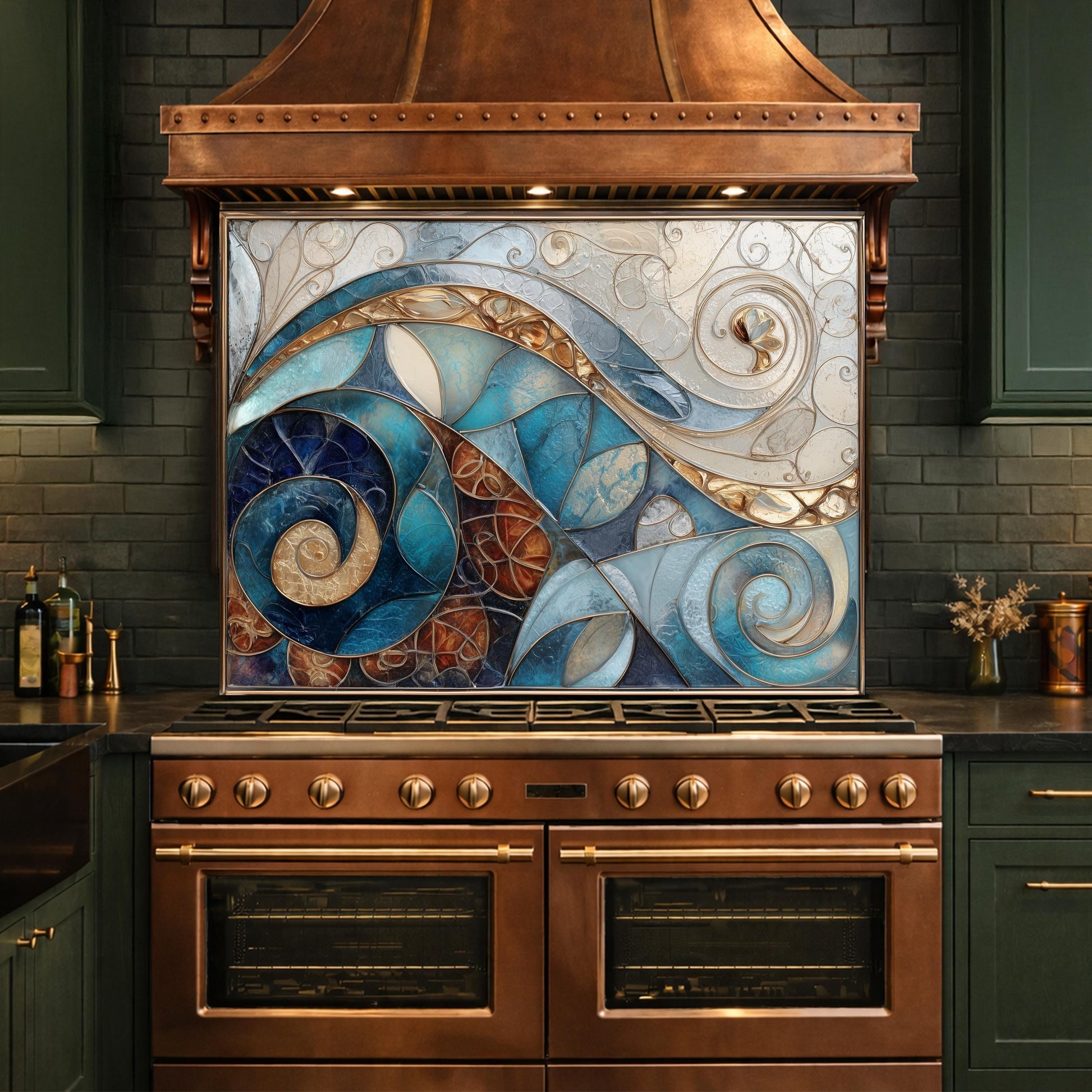 Abstract Blue Gold Tempered Glass Kitchen Panel, Mosaic Spiral Splashback, Modern Artistic Design