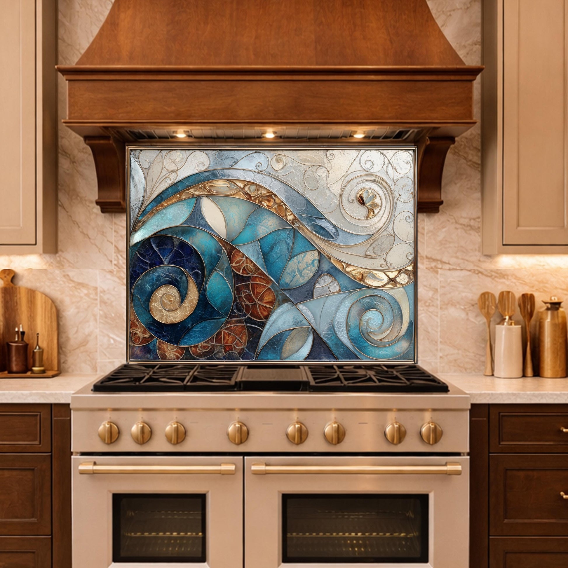 Abstract Blue Gold Tempered Glass Kitchen Panel, Mosaic Spiral Splashback, Modern Artistic Design