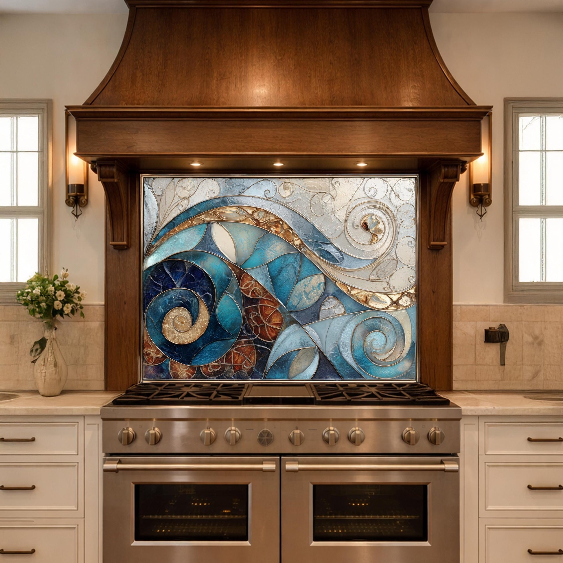 Abstract Blue Gold Tempered Glass Kitchen Panel, Mosaic Spiral Splashback, Modern Artistic Design