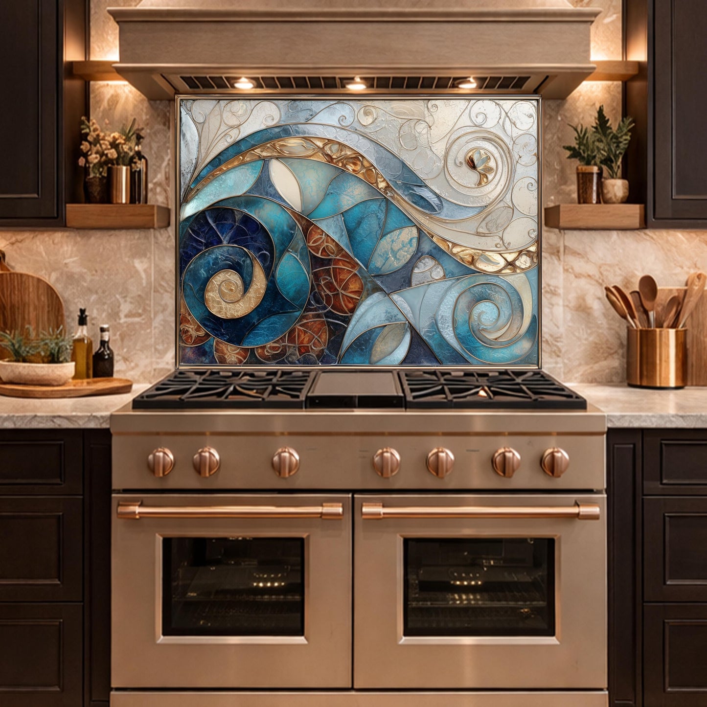 Abstract Blue Gold Tempered Glass Kitchen Panel, Mosaic Spiral Splashback, Modern Artistic Design