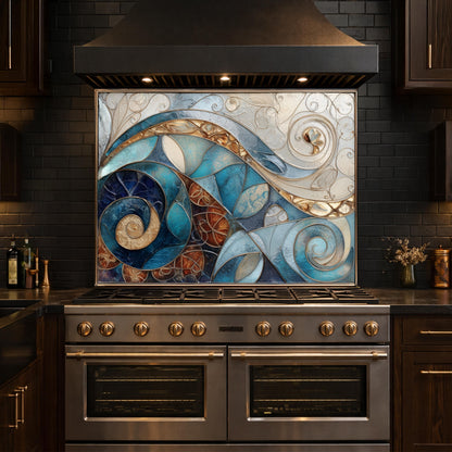 Abstract Blue Gold Tempered Glass Kitchen Panel, Mosaic Spiral Splashback, Modern Artistic Design