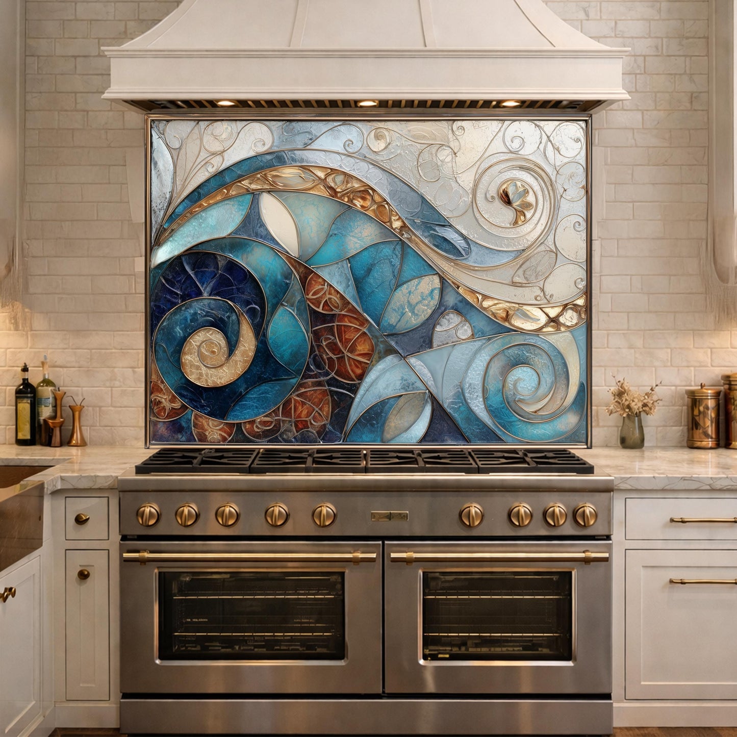 Abstract Blue Gold Tempered Glass Kitchen Panel, Mosaic Spiral Splashback, Modern Artistic Design