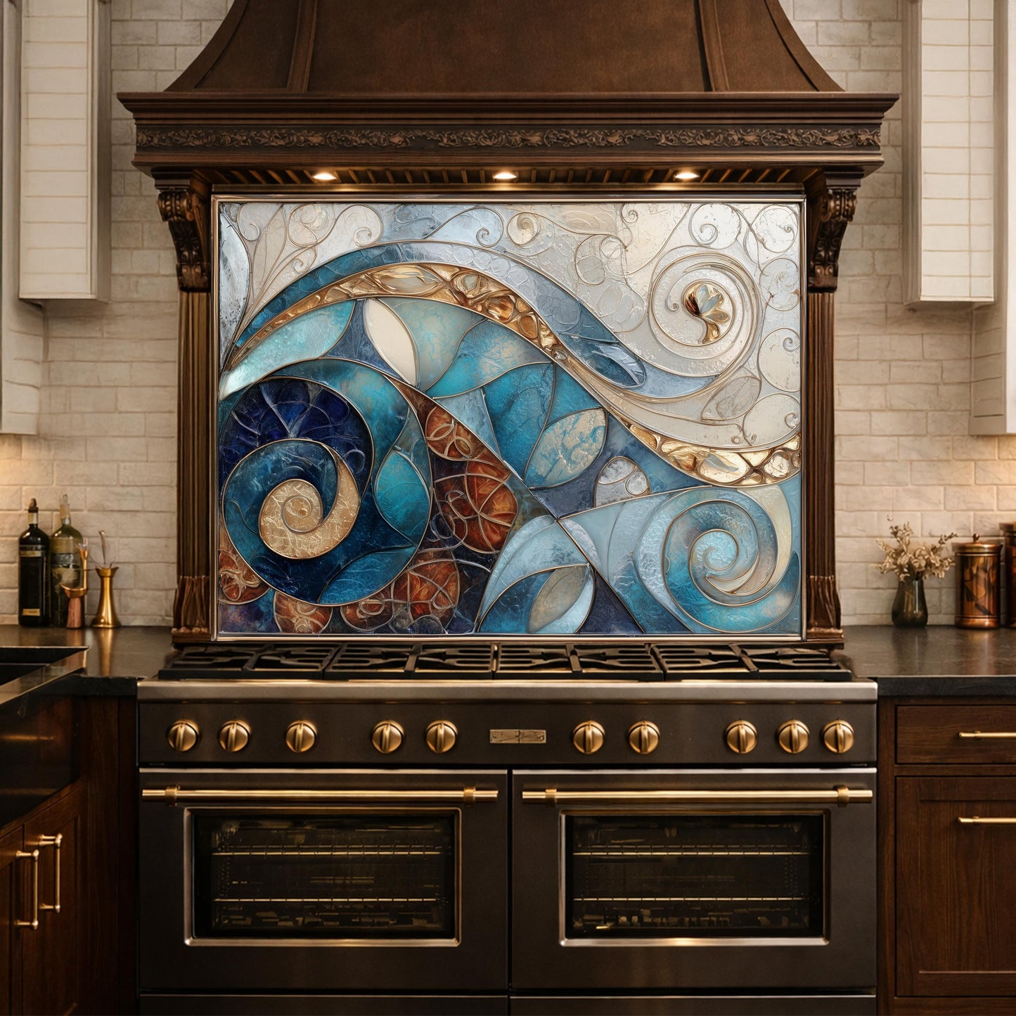 Abstract Blue Gold Tempered Glass Kitchen Panel, Mosaic Spiral Splashback, Modern Artistic Design