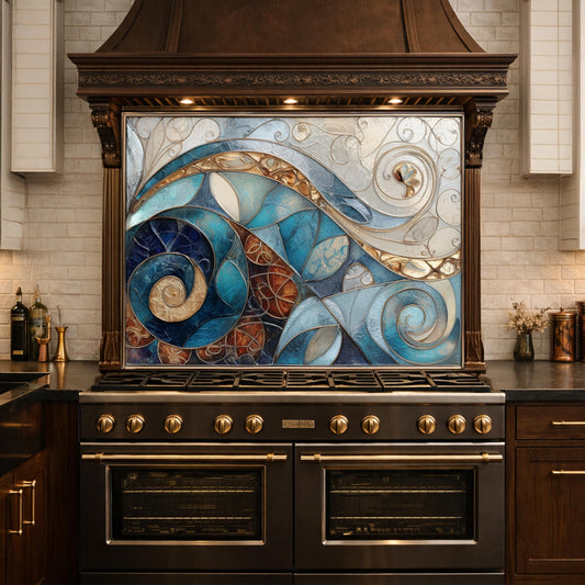 Abstract Blue Gold Tempered Glass Kitchen Panel, Mosaic Spiral Splashback, Modern Artistic Design