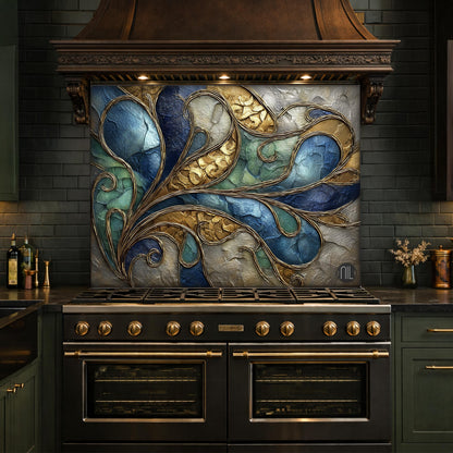 Abstract Blue Gold Tempered Glass Kitchen Panel, Swirling Marble Mosaic Splashback