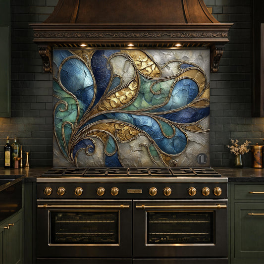 Abstract Blue Gold Tempered Glass Kitchen Panel, Swirling Marble Mosaic Splashback