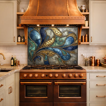 Abstract Blue Gold Tempered Glass Kitchen Panel, Swirling Marble Mosaic Splashback