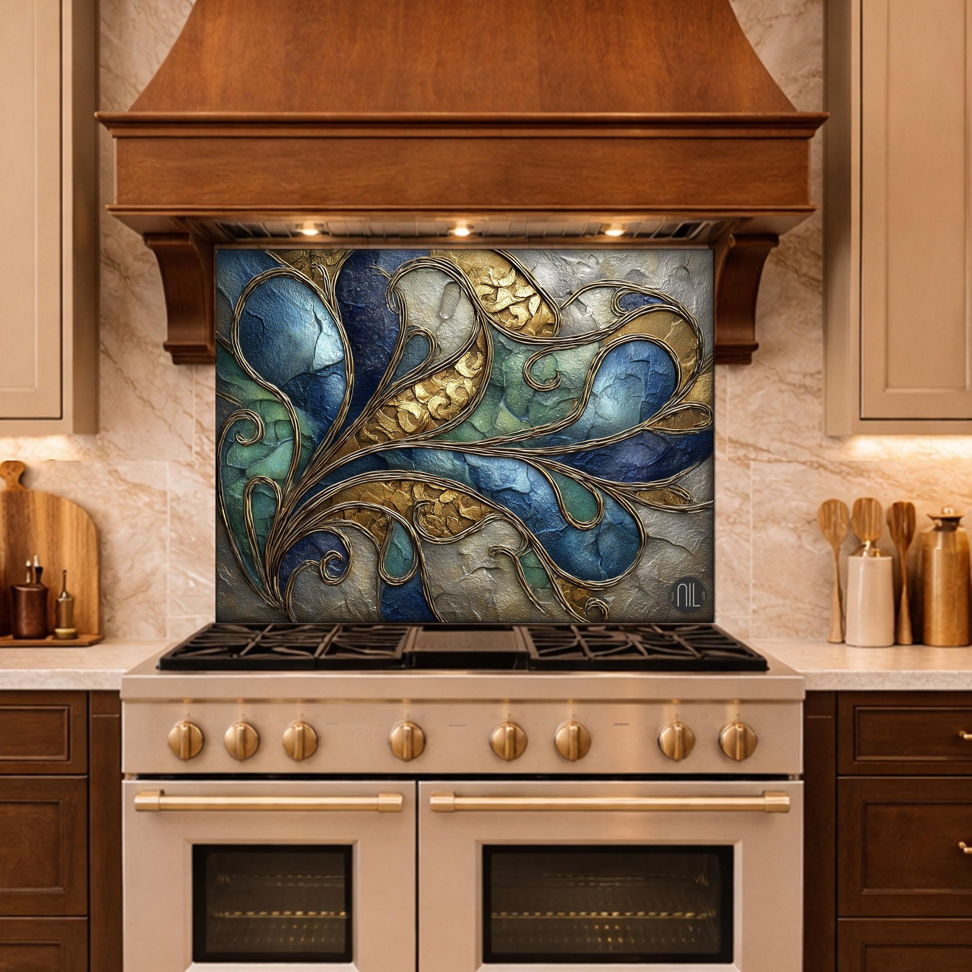 Abstract Blue Gold Tempered Glass Kitchen Panel, Swirling Marble Mosaic Splashback