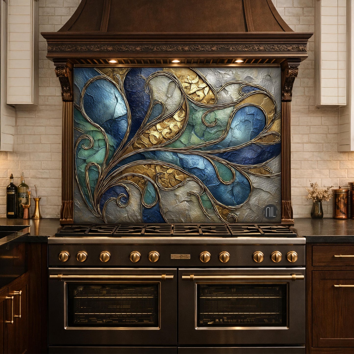 Abstract Blue Gold Tempered Glass Kitchen Panel, Swirling Marble Mosaic Splashback