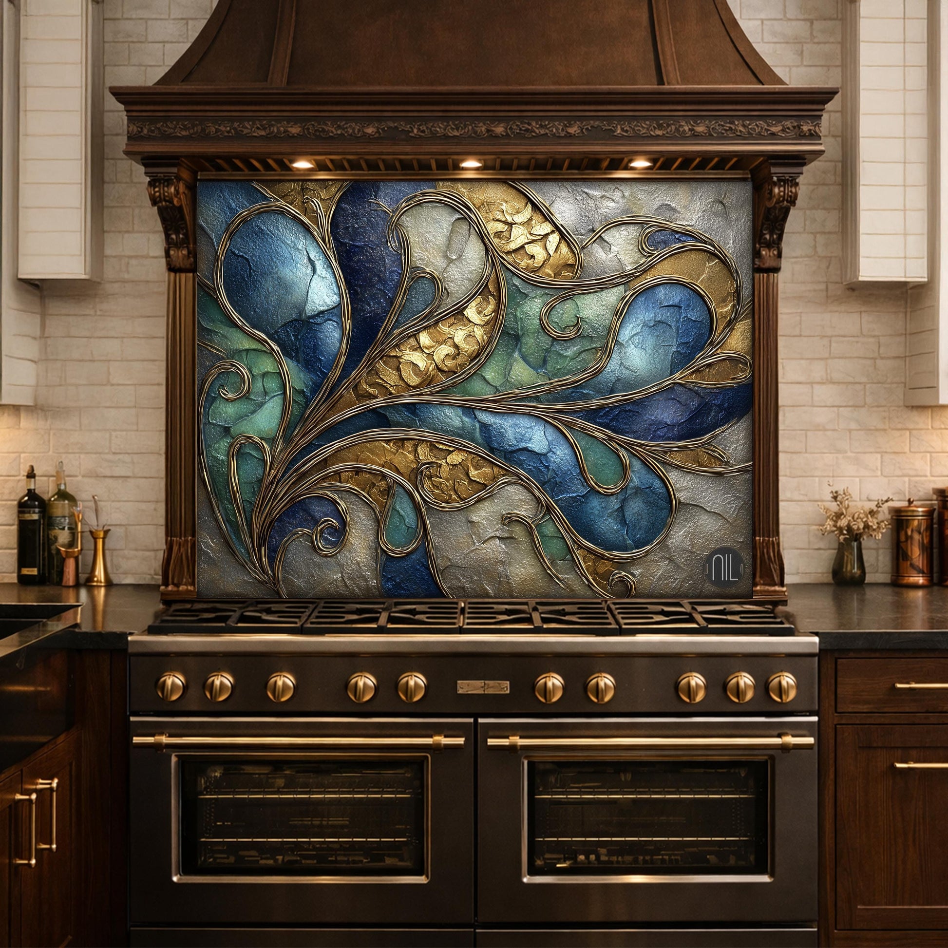 Abstract Blue Gold Tempered Glass Kitchen Panel, Swirling Marble Mosaic Splashback