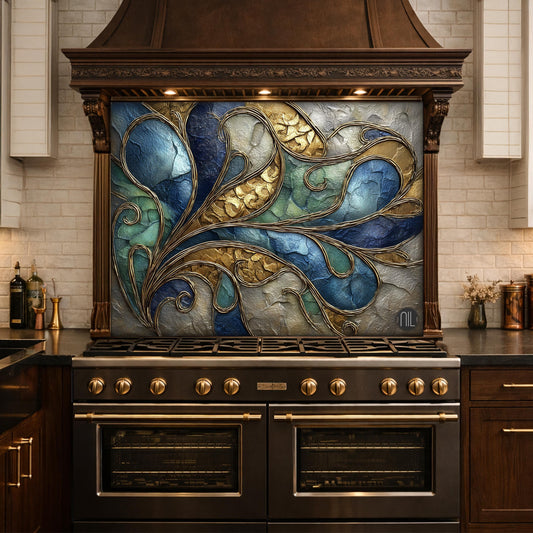 Abstract Blue Gold Tempered Glass Kitchen Panel, Swirling Marble Mosaic Splashback