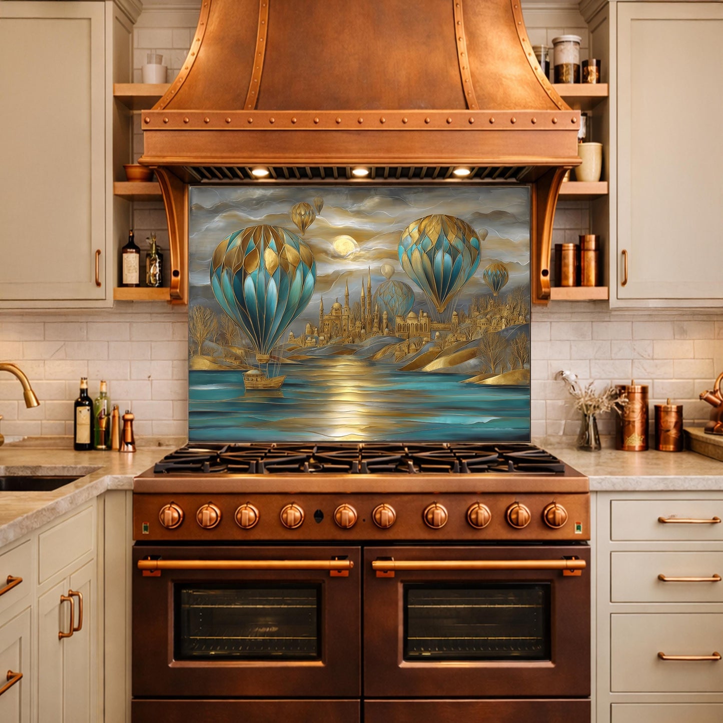 Hot Air Balloon Tempered Glass Kitchen Panel, Blue Gold City Mosaic Splashback