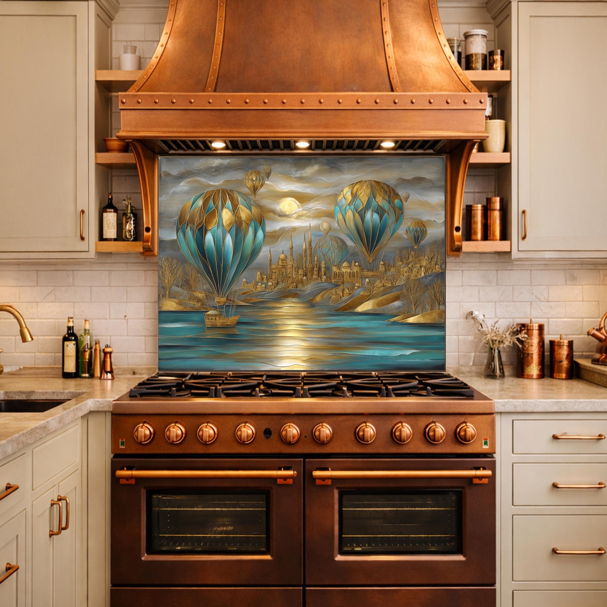 Hot Air Balloon Tempered Glass Kitchen Panel, Blue Gold City Mosaic Splashback