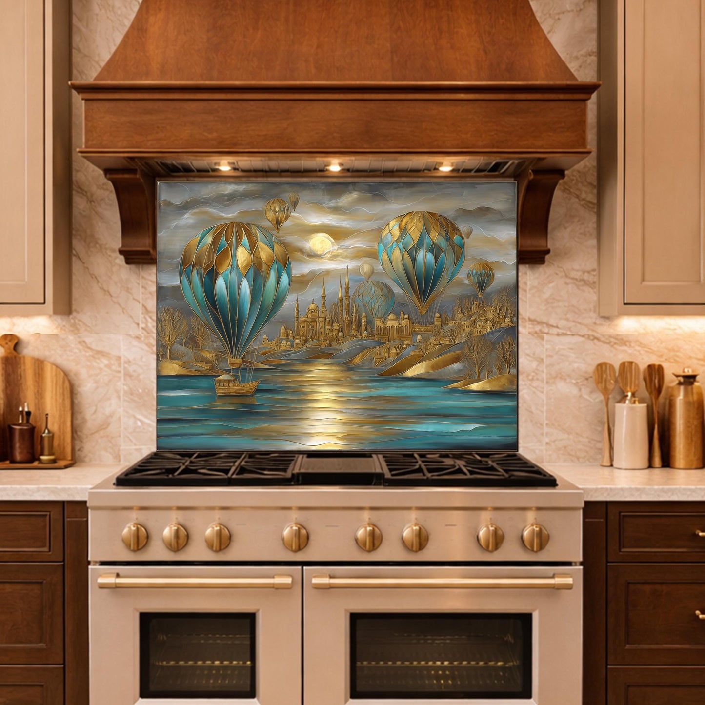 Hot Air Balloon Tempered Glass Kitchen Panel, Blue Gold City Mosaic Splashback