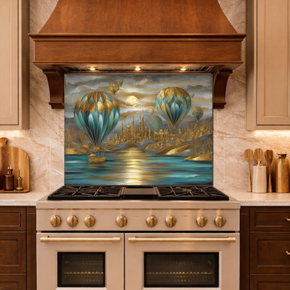 Hot Air Balloon Tempered Glass Kitchen Panel, Blue Gold City Mosaic Splashback