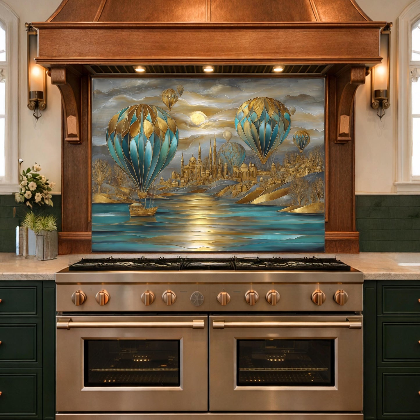 Hot Air Balloon Tempered Glass Kitchen Panel, Blue Gold City Mosaic Splashback