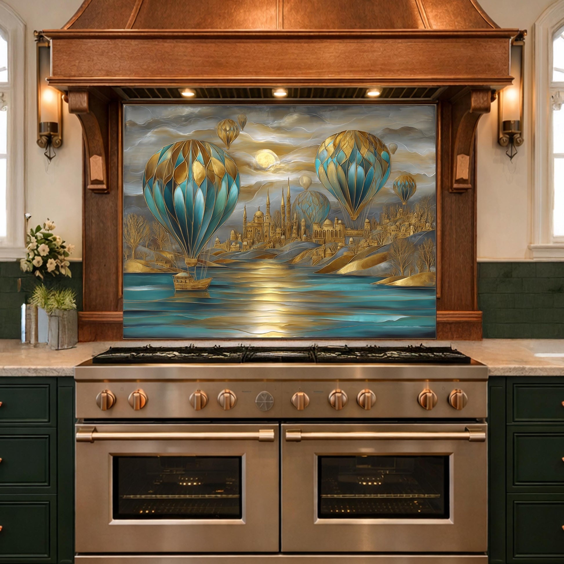 Hot Air Balloon Tempered Glass Kitchen Panel, Blue Gold City Mosaic Splashback