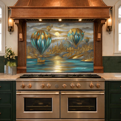Hot Air Balloon Tempered Glass Kitchen Panel, Blue Gold City Mosaic Splashback