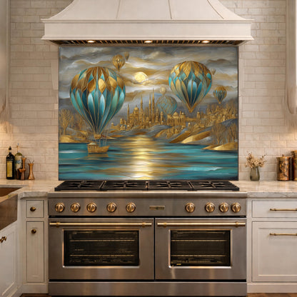 Hot Air Balloon Tempered Glass Kitchen Panel, Blue Gold City Mosaic Splashback