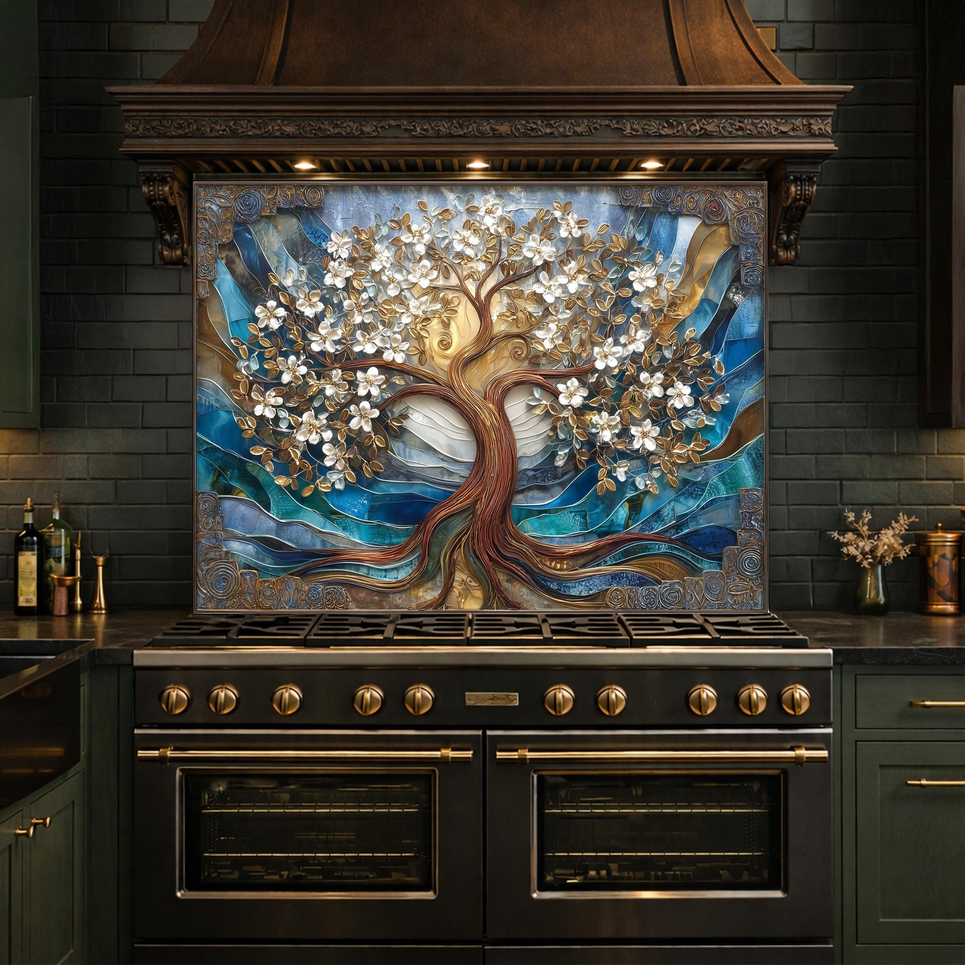 Tempered Glass Tree of Life Kitchen Panel, Blue Gold Floral Mosaic Splashback Behind Stove