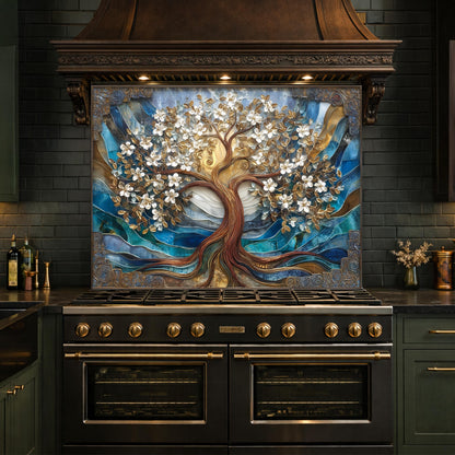 Tempered Glass Tree of Life Kitchen Panel, Blue Gold Floral Mosaic Splashback Behind Stove