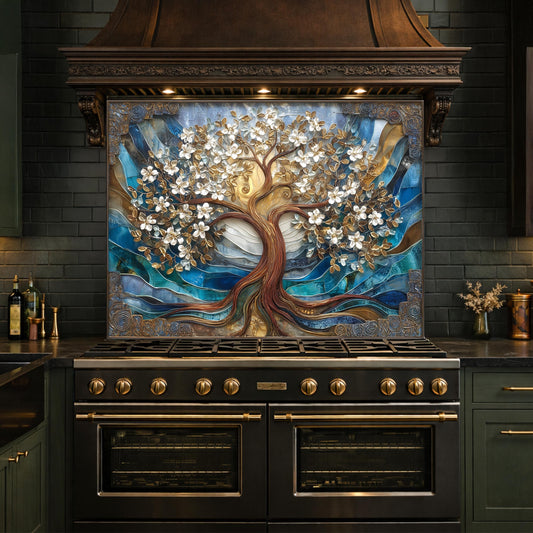 Tempered Glass Tree of Life Kitchen Panel, Blue Gold Floral Mosaic Splashback Behind Stove