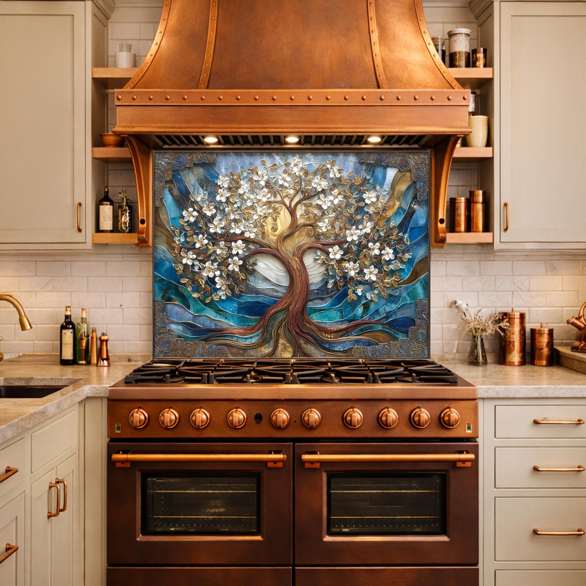 Tempered Glass Tree of Life Kitchen Panel, Blue Gold Floral Mosaic Splashback Behind Stove