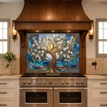 Tempered Glass Tree of Life Kitchen Panel, Blue Gold Floral Mosaic Splashback Behind Stove