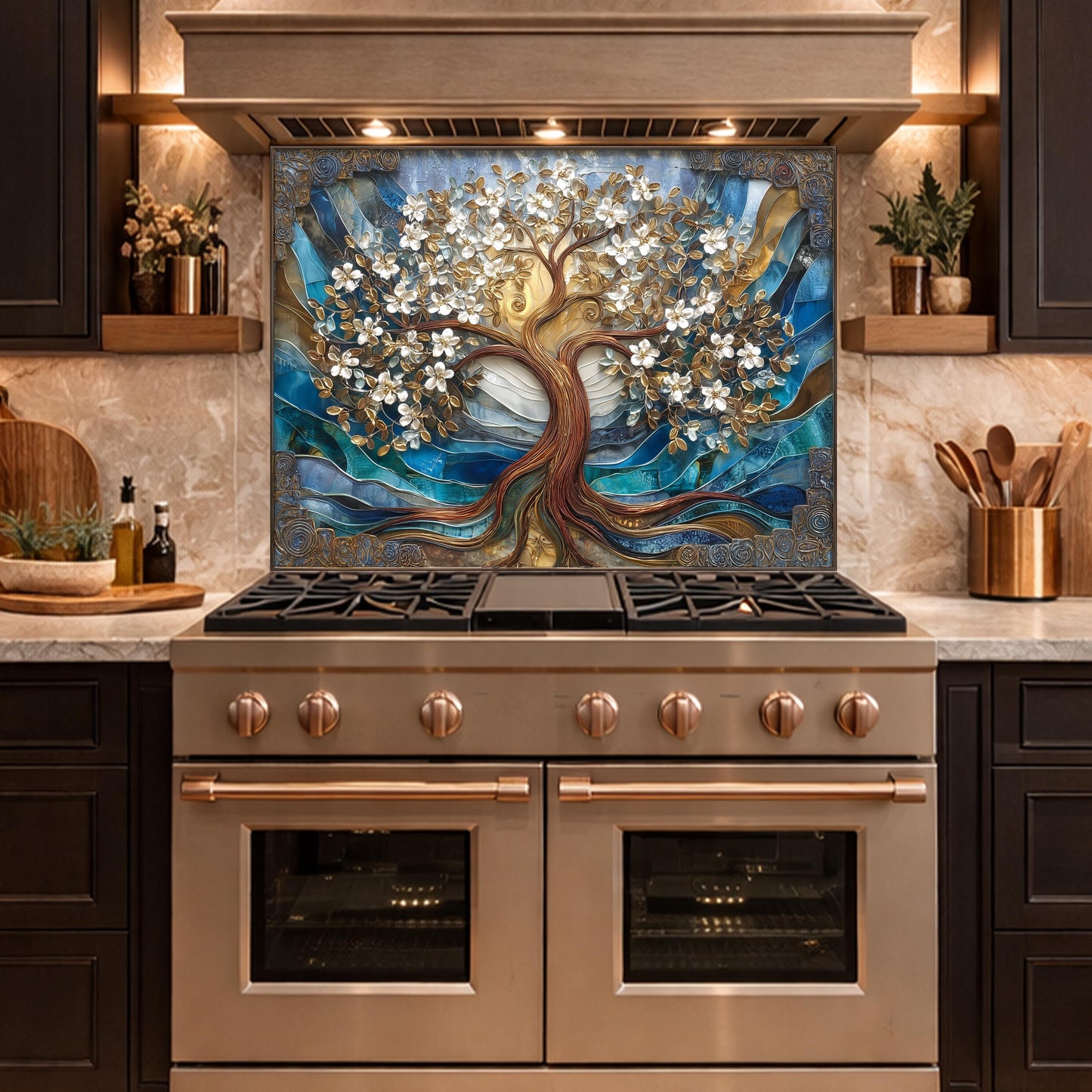 Tempered Glass Tree of Life Kitchen Panel, Blue Gold Floral Mosaic Splashback Behind Stove