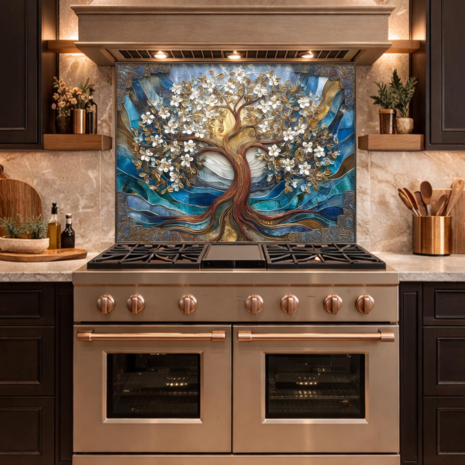 Tempered Glass Tree of Life Kitchen Panel, Blue Gold Floral Mosaic Splashback Behind Stove