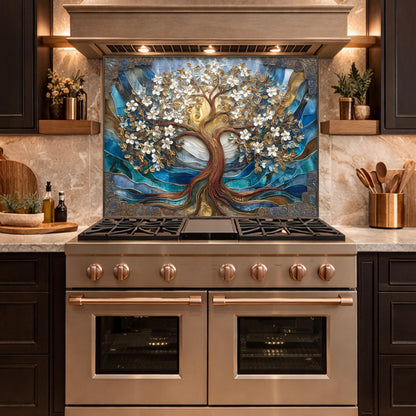 Tempered Glass Tree of Life Kitchen Panel, Blue Gold Floral Mosaic Splashback Behind Stove